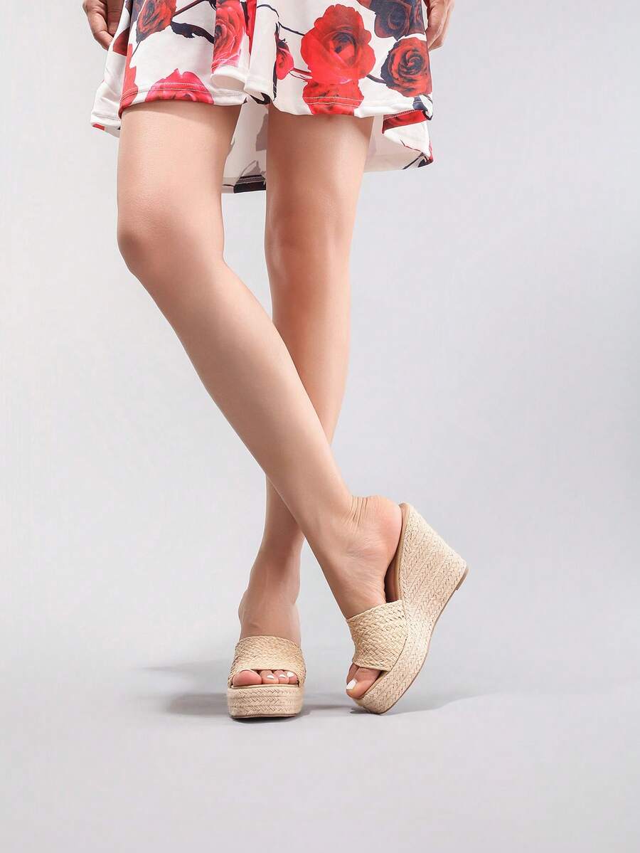 Cork Wedge Sandal - Kadın Halat Platform Topuklu Sandalet, Dokuma
