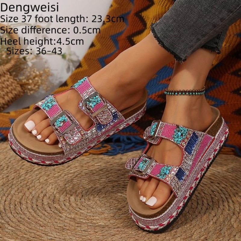 Cork Wedge Sandal - Moda Pembe Boncuklu Platform Dolgu Topuklu