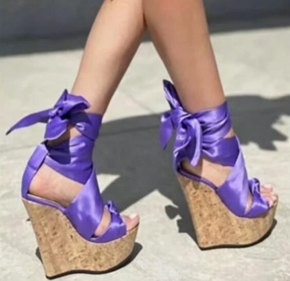 Cork Wedge Sandal - Tatlı Pembe Beyaz Ekose İpek Dolgu