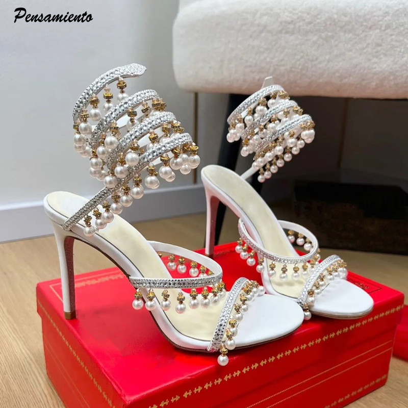 Women Shoes Formal - Lüks Rhinestones İnciler Püsküller Kadın Gladyatör