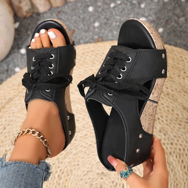 Cork Wedge Sandal - Kadın Sandaletleri, Açık Burunlu, Orta Topuklu,