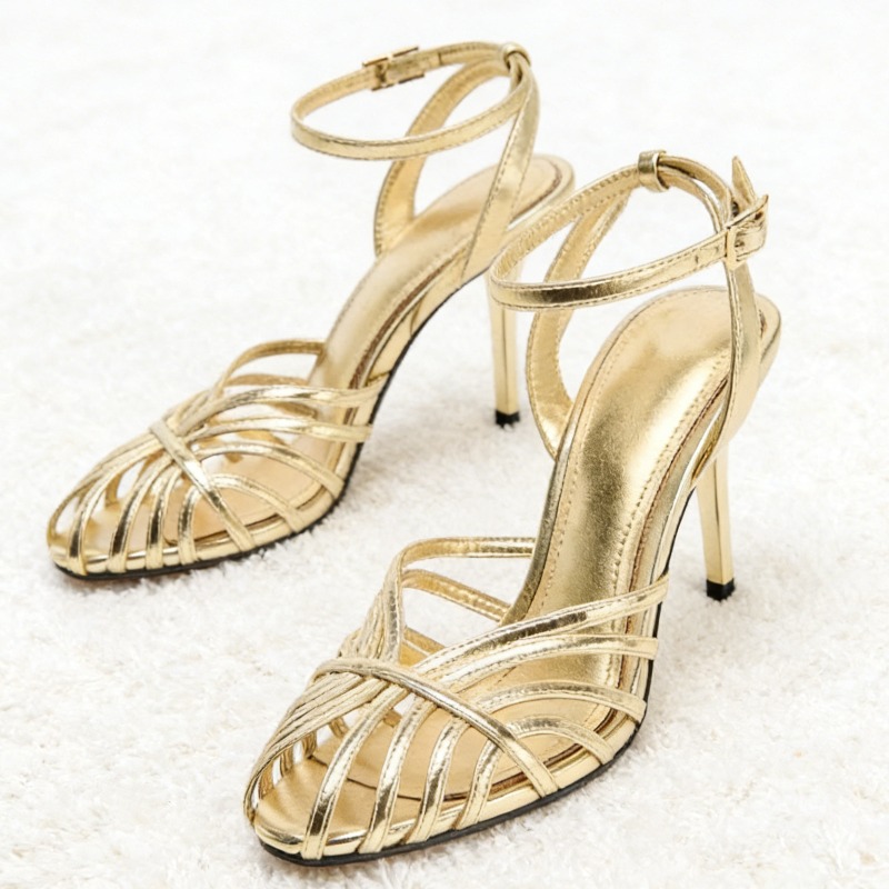 Women Shoes Formal - Seksi Altın Rengi Oyuk Dar Bantlı